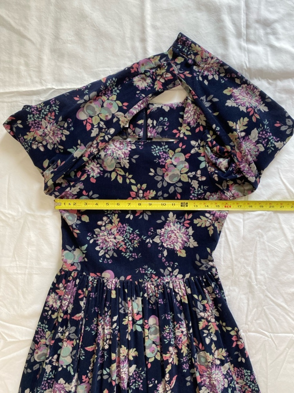 Vintage Laura Ashley Navy Floral Corduroy Long-Sleeve Midi Dress - Picture 14 of 15